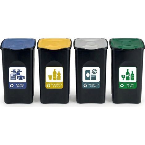 Set 4 Bidoni per la Raccolta Differenziata per Casa e Ufficio 50 litri Pattumiere con Coperchi Colorati e Adesivi Iconografici (Carta, Plastica, Metallo, Vetro), Secchi Spazzatura Modulari Salvaspazio (1/5)