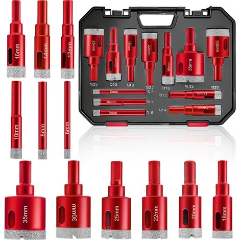 Foret Diamant Carrelage Kit, 12pcs Scie Cloche Carrelage, 6/8/10/12/14/16/18/20/22/25/30/35 mm, Scie Cloche Diamantée pour Porcelaine, Granit, Marbre, Verre, Usage à Sec et Humide (1/5)