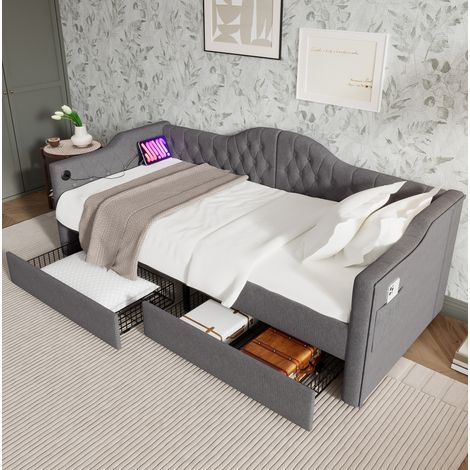 Lit banquette en tissu lin gris 90x200 cm avec USB Type-C et 2 tiroirs (1/5)