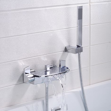 Mitigeur Baignoire Cascade Mural Robinet Baignoire Fixé Au Mur Pour Salle De Bains Robinet De Bain Avec Douche à Main Mitigeur De Bain(placage électrique B)