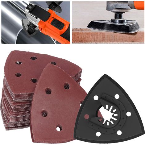 Set mit 51 selbstklebenden, dreieckigen Schleifpapierhaltern (90 mm) mit Schnellverschluss, multifunktionales Werkzeugzubehör, selbstklebendes Schleifpapier mit 6 Löchern (1/5)