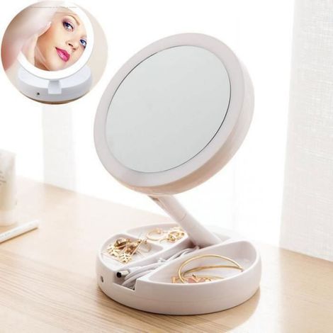 Miroir Maquillage - Double Face 10X Grossissant - LED 21 Lumières 5000-6000 K - Rotation 360° - Rechargeable USB - Pour Soins Visage et Cosmétique - 1 Pièce (1/4)