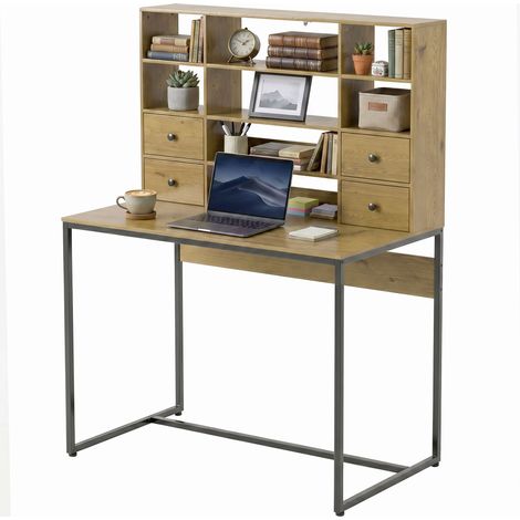 Bureau ordinateur 4 tiroirs 105x60 cm étagères ouvertes, bois naturel (1/5)
