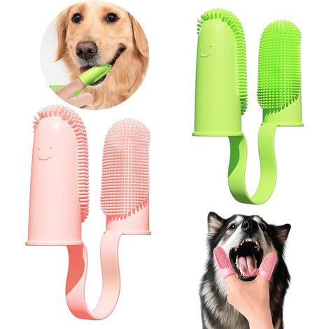 Lot de 2 brosses à dents pour animaux - Brosse à dents à deux doigts pour animaux - Brosse à dents pour chien - Kit de brosses à dents - Soin dentaire pour animaux - Vert/jaune + rose - Convient au ne (1/5)