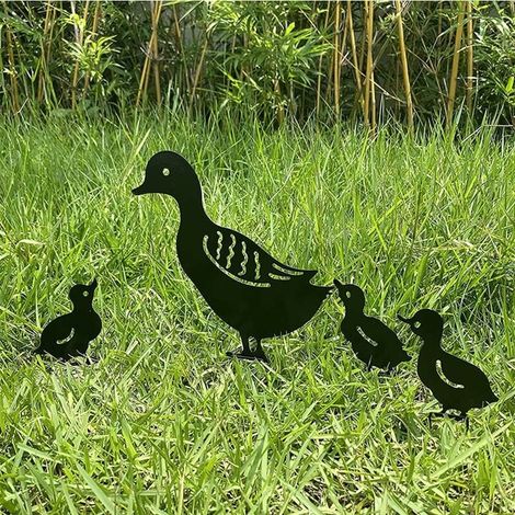Jardin Statue Animaux - Silhouette Métallique Canard Famille - Décoration Extérieure Jardin Pelouse Cour - 4 Pièces