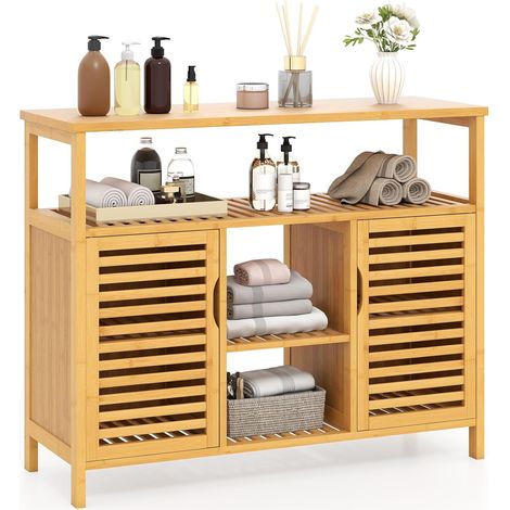 COSTWAY Armadietto da Bagno in Bambù, Organizzatore a 2 Ante con Scaffali, Unità di Stoccaggio Indipendente, Arredamento Domestico a Doghe per Soggiorno, Ingresso, Cucina e Sala da Pranzo (1/5)