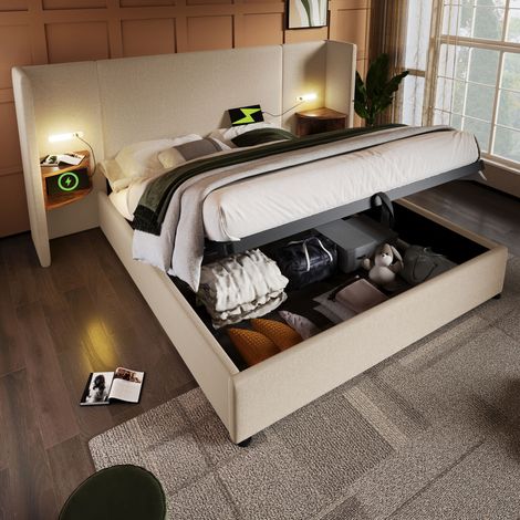 Lit coffre rembourré 160x200 cm avec tête de lit multifonction, liseuse USB/Type-C, lin beige (1/5)