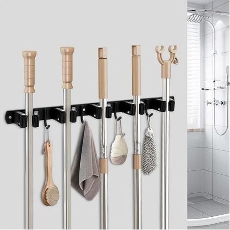 Porte-balais mural en acier inoxydable avec 5 supports et 4 crochets - porte-outils mural pour jardin, balcon, salle de bain, jardin, cuisine (1/5)