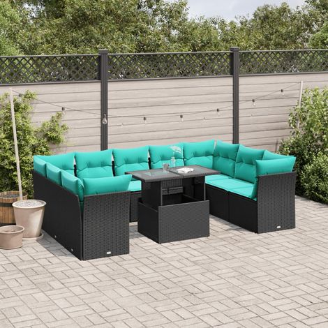 10-teiliges Gartensofa-Set mit Kissen, schwarzes Polyrattan (1/5)