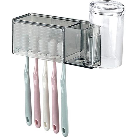 Soporte de pared de 5 compartimentos para cepillos de dientes con tapa, soporte autoadhesivo para cepillos de dientes en la ducha, botiquín (1/5)