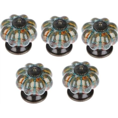 5x Poignée de Tiroir en Céramique Style Européen Boutons Meuble en Forme de Citrouille Vintage Bleu avec Vis