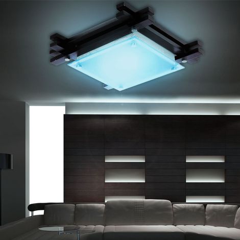 Decken Leuchte Holz Glas Beleuchtung Fernbedienung im Set inklusive RGB LED Leuchtmittel