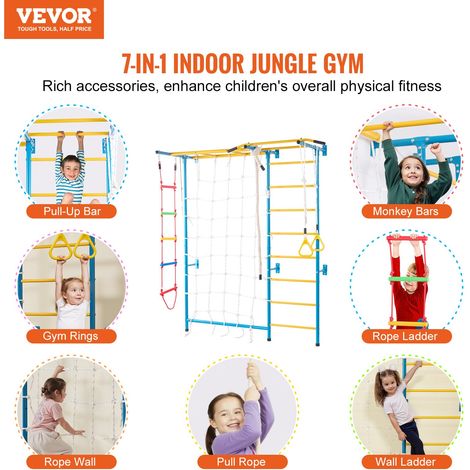 Échelle murale suédoise pour enfants, 7 en 1, jeux d'escalade d'intérieur en acier au carbone, charge de 99,8 kg, avec échelle mura… (1/5)