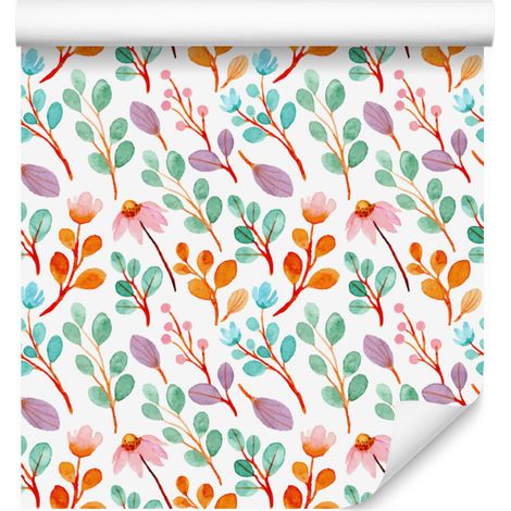 Papier peint fleuri blanc, crème, menthe et corail pour salon et chambre 50x1000 cm (1/5)