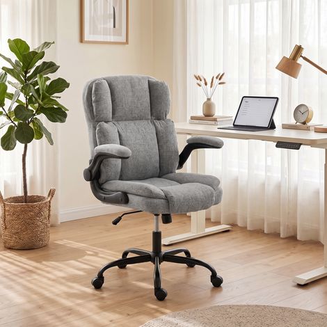 Chaise de bureau grise effet lin pivotante, accoudoirs rabattables, hauteur réglable et fonction basculante (1/5)