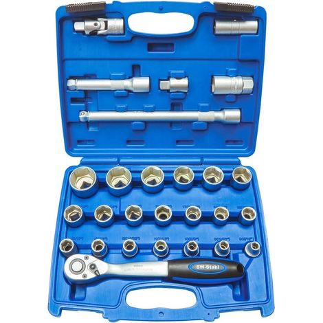 SW-Stahl 07624L Steckschlüsselsatz 1/2 Zoll 27-teilig I Ratschenkasten I Knarrenkasten I Nusskasten I Stecknüsse sechskant aus Chrom Vanadium Stahl (1/2)