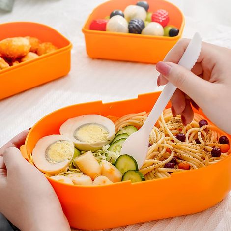 Lunchbox, 2-stöckig, 3 Fächer, großes Fassungsvermögen, mikrowellengeeignet, niedliche tragbare orangefarbene Bento-Lunchbox (1/5)