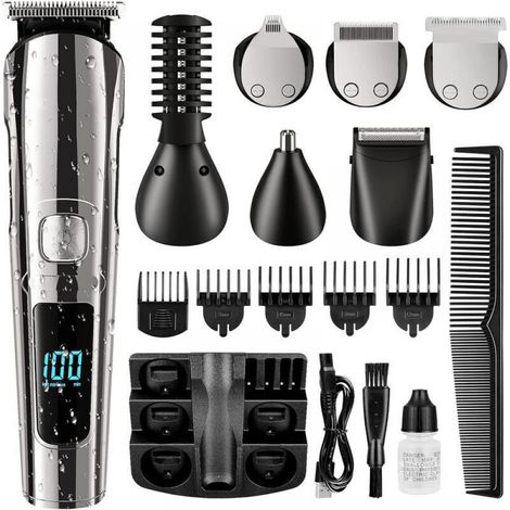 Tondeuse À Cheveux - Tondeuse Pour Le Corps - 2 Vitesses - Écran LCD - Étanche - Lame Acier Inoxydable - 90 Min Autonomie - Sans Fil - 11 Accessoires