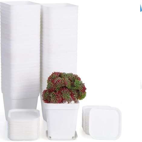 (60 Pièces) Pots de Pépinière en Plastique, 7cm Pots de Plantes Carrés avec Plateaux et Etiquette de Plante, Fleurs, Légumes, Blanc (1/4)