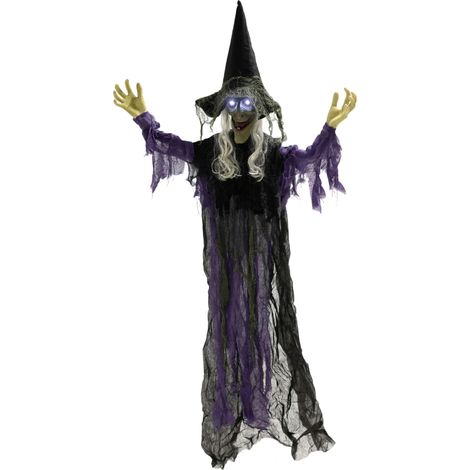 ELVMI Bruja de Halloween Animada con Ojos LED, Activación por Sonido, Brazos Flexibles y Boca Móvil de Acero Morado 80 x 15 x 183 cm (1/5)