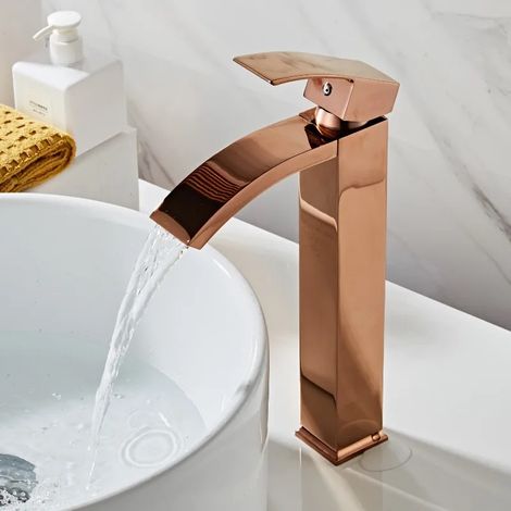 Robinet de lavabo moderne or rose à une poignée - 1 trou, tube 1/2 pouce, cascade (1/5)