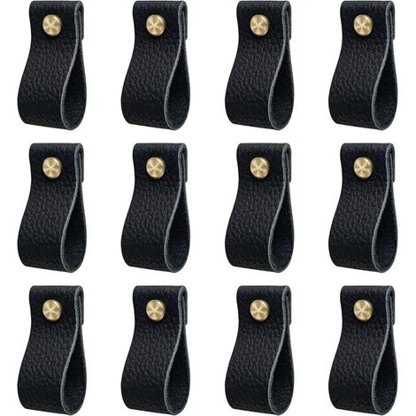 Poignee de meuble cuisine, lot de 12 poignée meuble en cuir, poignée de porte avec écrous vis, anti-collision bouton de porte de armoire tiroir commodes, Beau cadeau, noir
