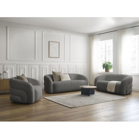 BOBOCHIC - Ensemble canapé droit fixe 3 + 2 places + fauteuil pivotant ELINA tissu bouclette   Gris foncé (1/5)