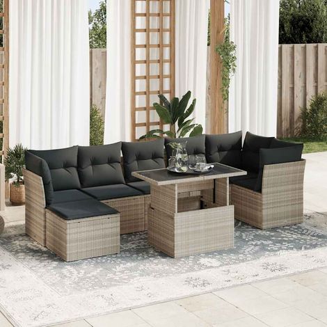 Ensemble Salon de Jardin 8 Places en Résine Tressée Gris avec Table et Coussins - 3 Sièges Centraux, 3 D'angle, Pouf et Housses Lavables (1/5)