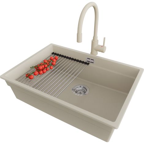 PRIMAGRAN Evier Cuisine en Granit 66x47cm, Lavabo 1 bac + Robinet 38x14cm + Kit de Vidage + Accessoire, Évier à Encastrer au meuble 70cm - Prague Slim, Beige (1/5)