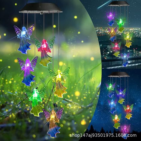 Campana de viento solar LED con forma de ángel, nueva lámpara decorativa de jardín impermeable para uso exterior, con degradado de color con el viento, carcasa roja transparente. (1/4)