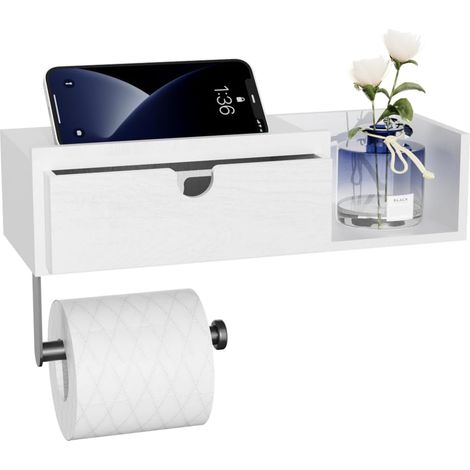 Porte-papier toilette bois et acier blanc autocollant