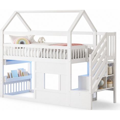 CHICFURN Cama alta infantil 90x200 cm con forma de casa, escalera con almacenaje, estante e iluminación LED regulable, estructura de MDF y pino, blanco para dormitorio (1/5)