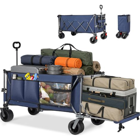 Chariot pliable 300L+120L avec porte arrière extensible, roues tout-terrain 17x10 cm, 180 cm, bleu (1/5)