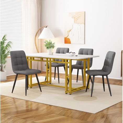 Essgruppe 120 x 70 cm, MDF-Tisch mit goldenen Beinen, graue Leinenstühle HAVRYA (1/5)