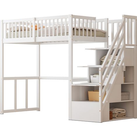Letto a Soppalco Singolo con Scala Contenitore e Scrivania 90×200 cm, senza Materasso, in Legno, Bianco (1/5)