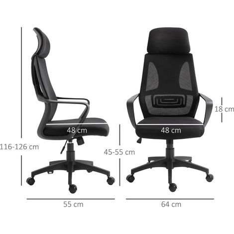 Chaise bureau ergonomique maille appui-tête hauteur réglable 64 x 55 x 116-126 cm, noir (1/4)