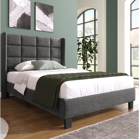 Letto imbottito per adulti 90x200 cm, con rete a doghe e testiera imbottita in tessuto grigio, senza materasso (1/5)