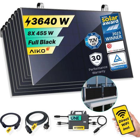 ROBINSUN®️ Kit Solar Enchufable Performance Balcony 3.640Wp, 8 paneles Aiko 455Wp+4 Microinversores 800W Wifi incluído+Cable 3m+8 Fijaciones SolarHook (1/5)