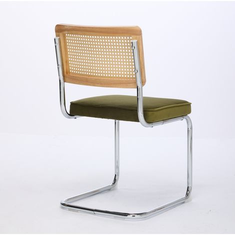 Chaise de salle à manger vintage en velours avec dossier en cannage naturel et base en acier chromé, lot de 2, vert olive (1/5)