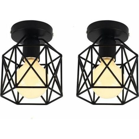 Lot de 2 Plafonnier Industrielle en Métal Cage Carré, Lustre Abat-jour Fer Luminaire E27 40W Noir pour Salon Chambre Bar (1/5)