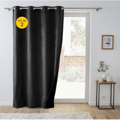 Lot de 2 Rideaux isolant thermique a oeillets 140 x 260 cm velours relief Polarchic Noir (1/5)