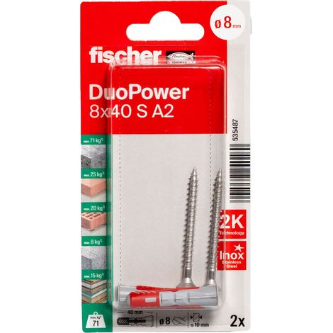 Blister de 2 chevilles universelles Duopower Ø8 x 40 mm + vis inox A2 Ø5 x 55 mm - Fischer (1/5)