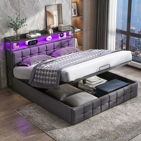 Canapé abatible de matrimonio 140 x 190 cm con cabecero tapizado, almacenaje integrado, estructura moderna de lino, iluminación LED RGB y puertos USB y USB-C, gris (1/5)