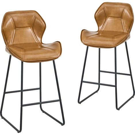 Lot de 2 tabourets de bar en cuir synthétique cognac avec dossier et structure métallique noire (1/5)