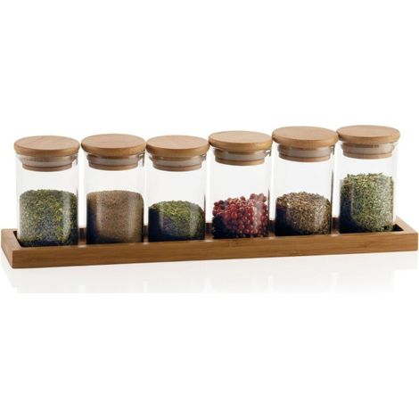 Set de 6 Pots à Épices en Verre et Plateau en Bambou (1/4)