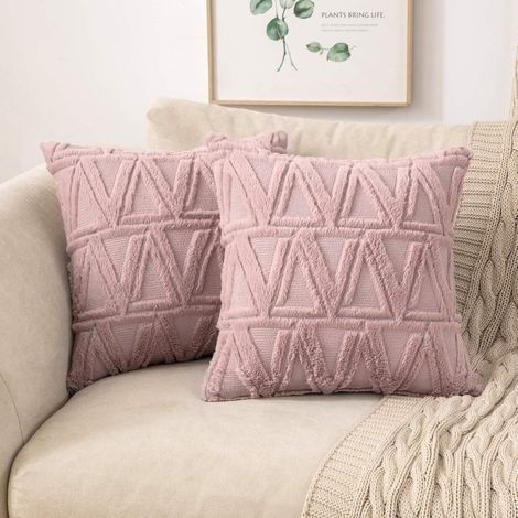 AIDUCHO Lot De 2 Housses De Coussins Tissu Laine Artificielle Et Polyester Motif Triangle Moderne Doux Lisse Confortable Taie D'oreiller À Salon Chambre Canapé 45x45cm Rose Foncé (1/5)