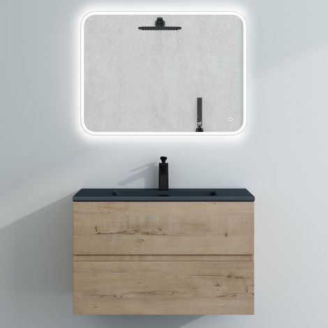 Mai & Mai Badmöbel-Set Waschtisch mit Unterschrank Mineralguss Waschbecken in Anthrazit Waschbeckenunterschrank 80x48x50cm Eiche Greige 2-Schubladen Soft-Close inkl. LED-Spiegel Aqualis (1/5)