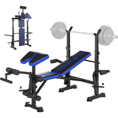 Panca Multiuso con Supporto Bilanciere e Schienale Regolabile, in Acciaio e Plastica, 175x139x127 cm, Nero e Blu (1/5)