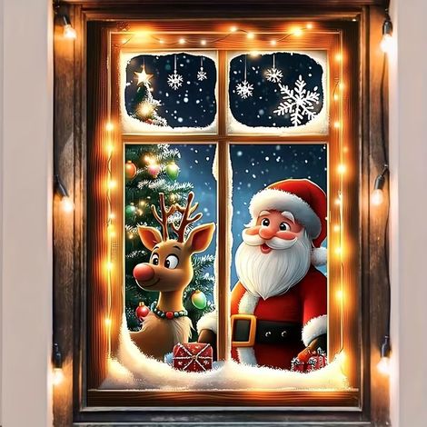 Décoration de fenêtre Père Noël, drapeau de fenêtre, banderole, décoration de fête, rideau de porte, largeur de porte de Noël - 80 x 120 cm (œillets + ruban) - 23