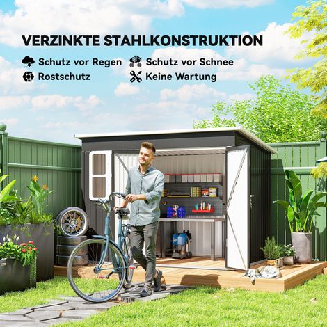 Abri métallique de jardin pour outils, avec fenêtre et porte coulissante large, 260 x 177 x 190 cm, gris anthracite